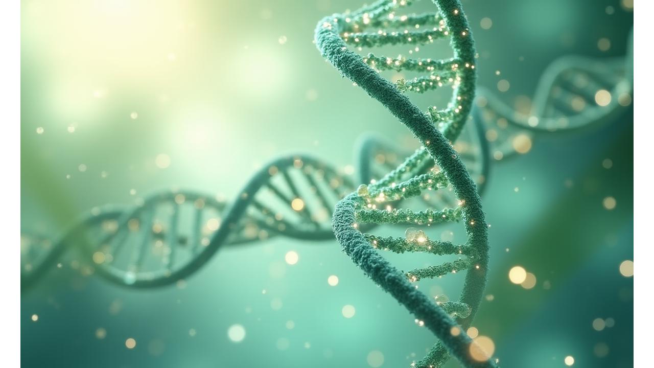Representación artística de una doble hélice de ADN brillante entrelazada con elementos naturales como hojas y gotas de agua, con un ligero desenfoque de fondo de un laboratorio moderno y limpio, transmitiendo ciencia, naturaleza y precisión.