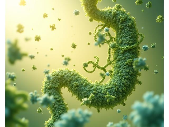 Visualización artística de un ecosistema microbiano intestinal vibrante y diverso, con bacterias beneficiosas ilustradas en colores cálidos y suaves moviéndose en armonía dentro de un intestino estilizado.