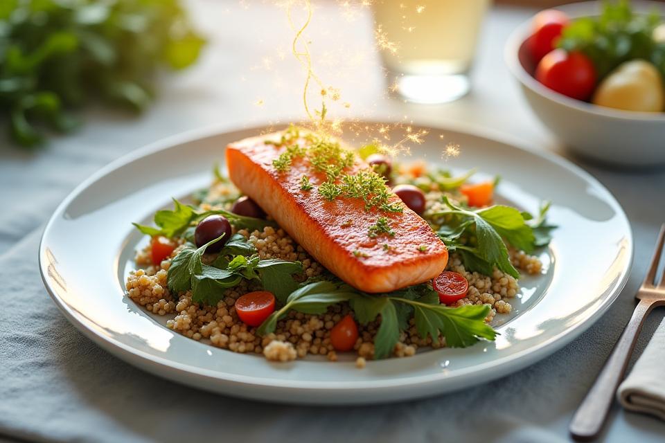 Representación de un plato de comida mediterránea vibrante y saludable con elementos científicos discretos como una molécula de ADN estilizada flotando sobre él, simbolizando la fusión de la nutrición sabrosa y la ciencia personalizada.