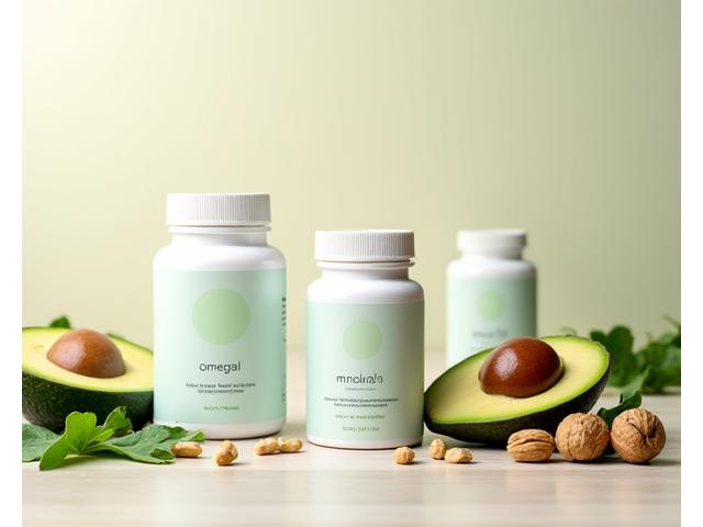 Envases de multivitamínico, omega-3 y vitamina D en un contexto de alimentos frescos.